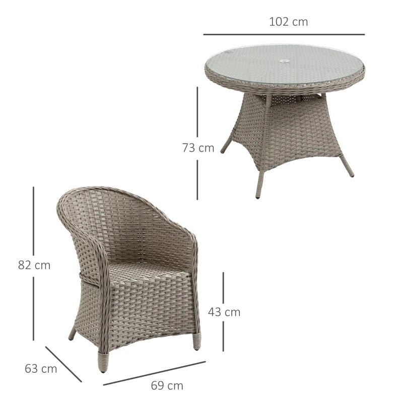 Outsunny 5 Pieces Luxury PE Rattan Dining Sets with Cushion, Outdoor Round Wicker Garden Furniture with 4 Armchairs & Glass Top Table w/ Umbrella Hole, Mixed Grey