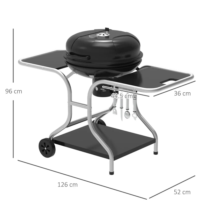 Outsunny Portable Charcoal Kettle Grill Outdoor Barbecue Trolley BBQ Heat Smoker Grilling with Two wheels, Free Standing Black