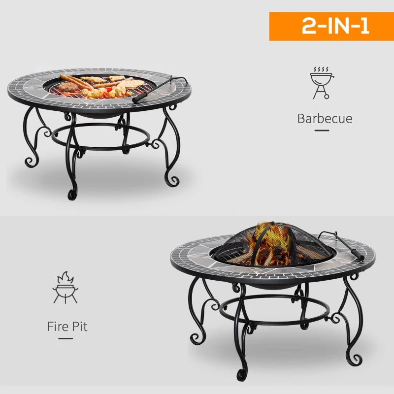 Outsunny 3-in-1 Φ80cm Outdoor Fire Pit, Mosaic Garden Table, BBQ Grill, Patio Heater Firepit Bowl with Spark Screen Cover, Fire Poker for Backyard Bonfire