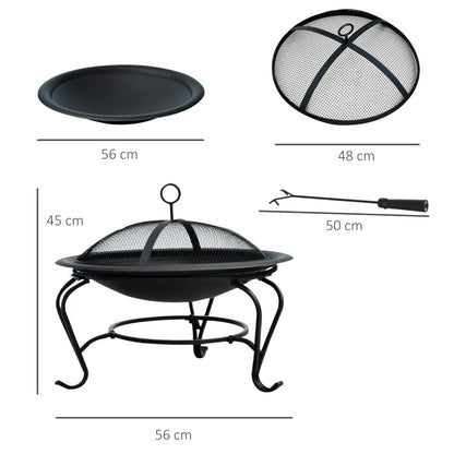 Outsunny Metal Firepit Bowl Outdoor Round Fire Pit w/ Lid, Log Grate, Poker for Backyard, Camping, BBQ, Bonfire, Wood Burning Stove, 56 x 56 x 45cm, Black