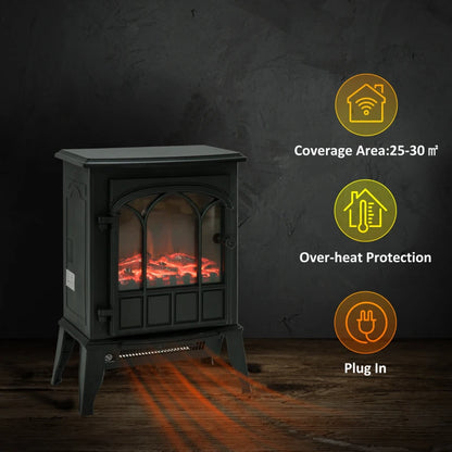 HOMCOM Freestanding Electric Fireplace, Electric Stove Heater with LED Flame Effect, Overheating Safety System, 1000W/2000W Black