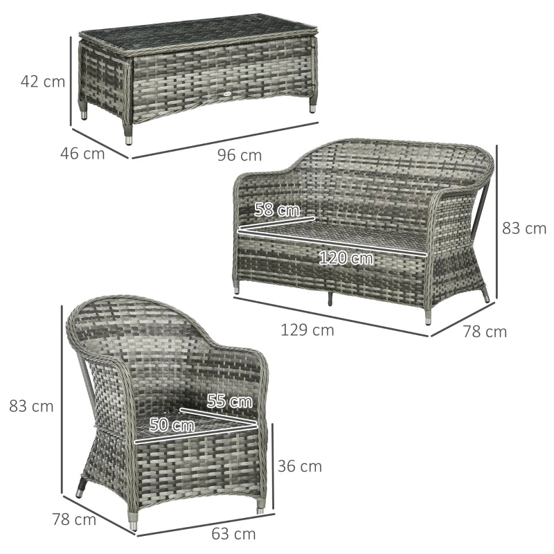 Outsunny 4 Pieces Outdoor PE Rattan Garden Furniture with Cushions, Patio Special Hand Weave Wicker Conservatory Sofa Set with Glass Top Coffee Table, Mixed Grey