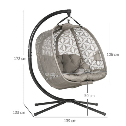 Outsunny Outdoor Double Hanging Chair, Swing Chair with Metal Stand, Thick Padded Cushion, Foldable Basket and Cup Holders, for Indoor and Outdoor, Sand Brown