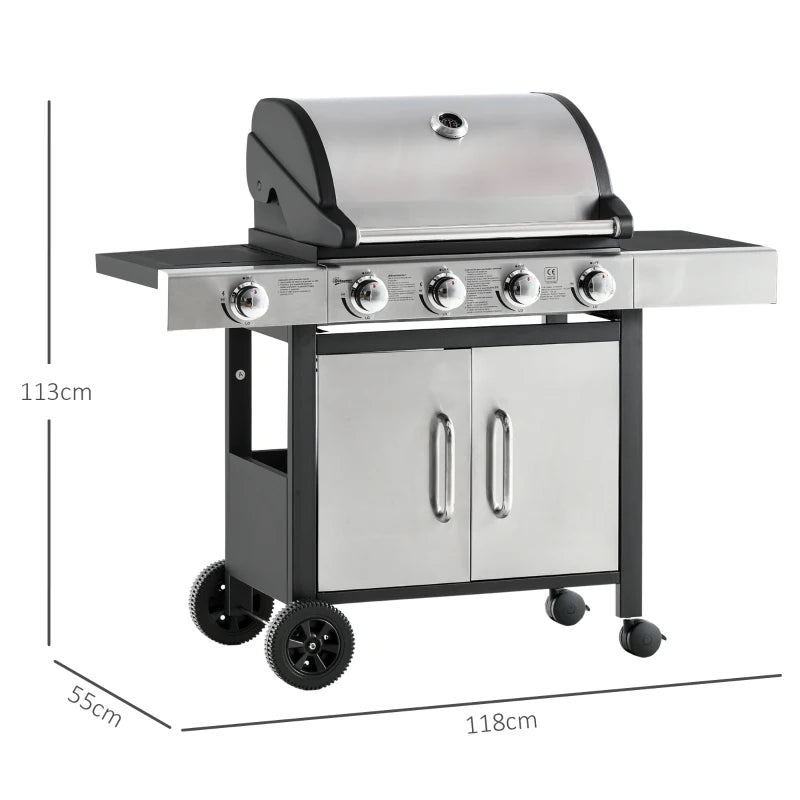 Outsunny Gas Barbecue Grill 4+1 Burner Garden Smoker BBQ Trolley w/ Side Burner Warming Rack Side Shelves Storage Thermometer Stainless Steel + Metal