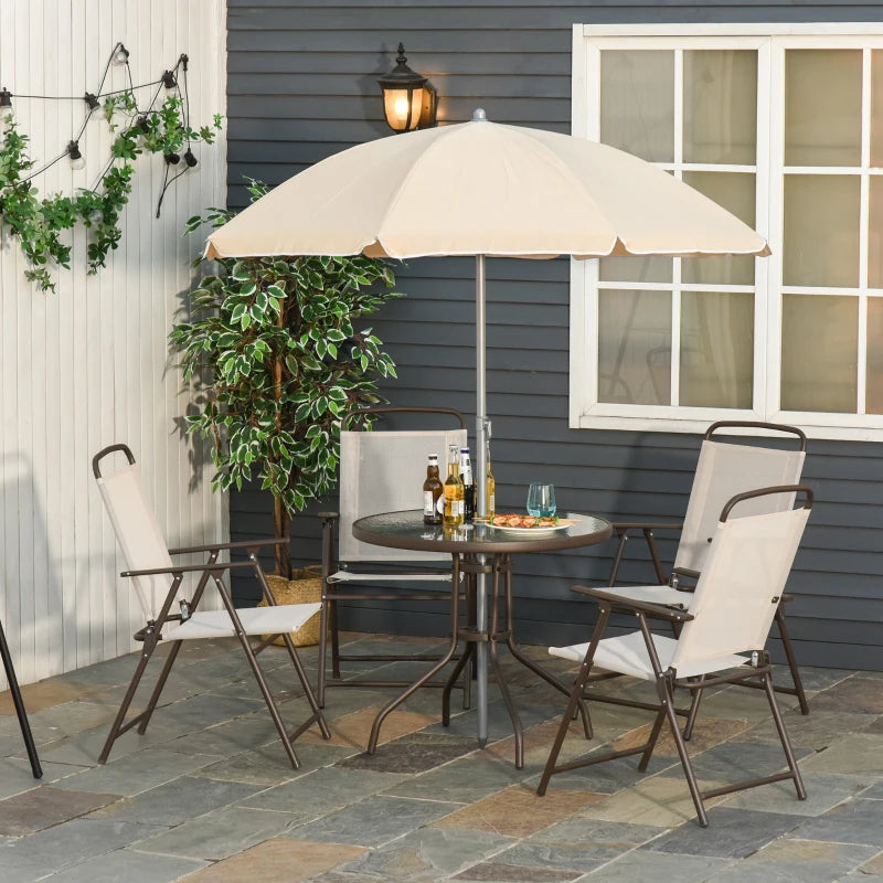 Outsunny Garden Patio Texteline Folding Chairs Plus Table and Parasol Furniture Bistro Set 6 Pieces