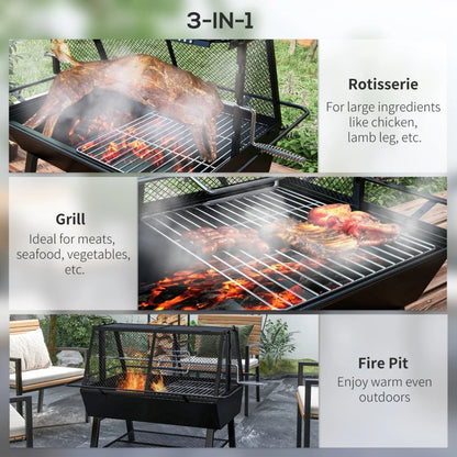 Outsunny 3-in-1 Barbecue Grill, Rotisserie Roaster and Fire Pit, with Cover