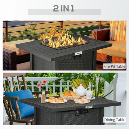 Outsunny Rattan style Propane Gas Fire Pit Table with 40,000 BTU Burner, Square Smokeless Firepit Patio Heater with Thermocouple, Lava Rocks, Wproof Cover, Spark Guard, Lid