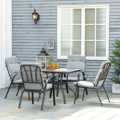 Outsunny 5 Pieces Outdoor Square Garden Dining Set w/ Tempered Glass Dining Table 4 Cushioned Armchairs, Umbrella Hole