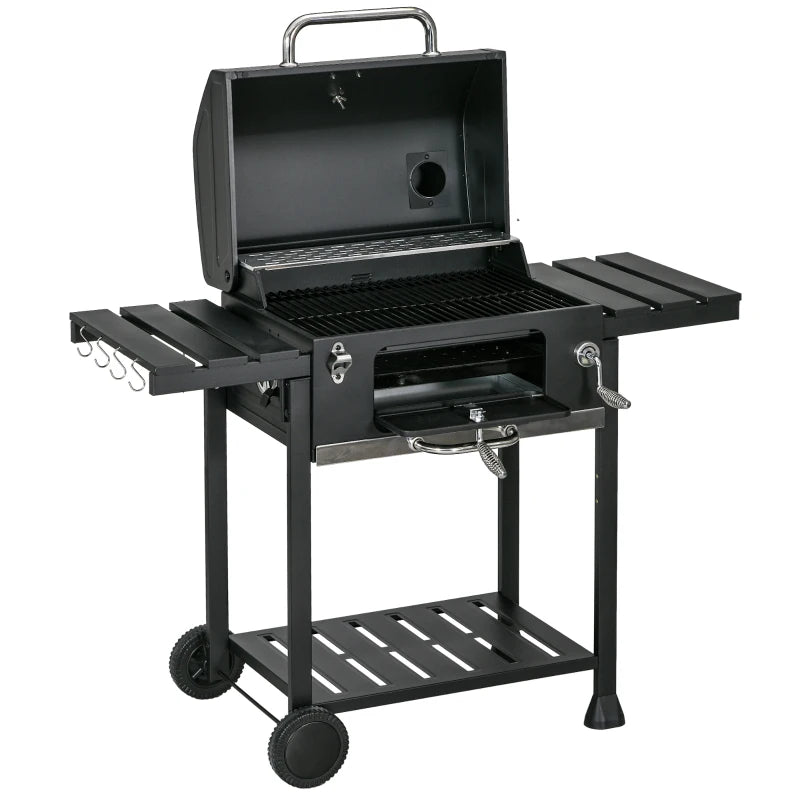 Outsunny Outdoor Portable Charcoal BBQ Wide 120cm, with Pull-out Ash Catcher Side Hooks & Bottle Opener, Side & Bottom Shelves