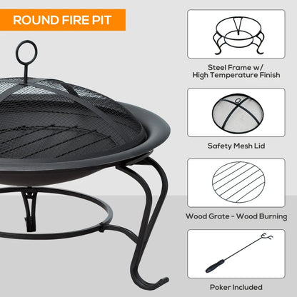 Outsunny Metal Firepit Bowl Outdoor Round Fire Pit w/ Lid, Log Grate, Poker for Backyard, Camping, BBQ, Bonfire, Wood Burning Stove, 56 x 56 x 45cm, Black