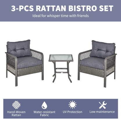 Outsunny 3 Pieces Patio PE Rattan Bistro Set, Outdoor Wicker Coffee Table Armrest Chairs Thick Padded Conversation Furniture w/ Cushion for Garden, Backyard, Porch, Grey