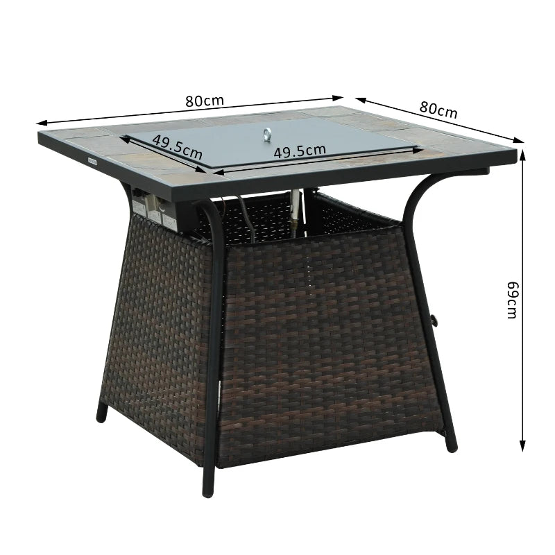 Outsunny Square Outdoor PE Rattan Fire Pit TableGas Burner Heater w/ Control Panel, Slate Top, Lid and Lava Rocks, 50,000 BTU