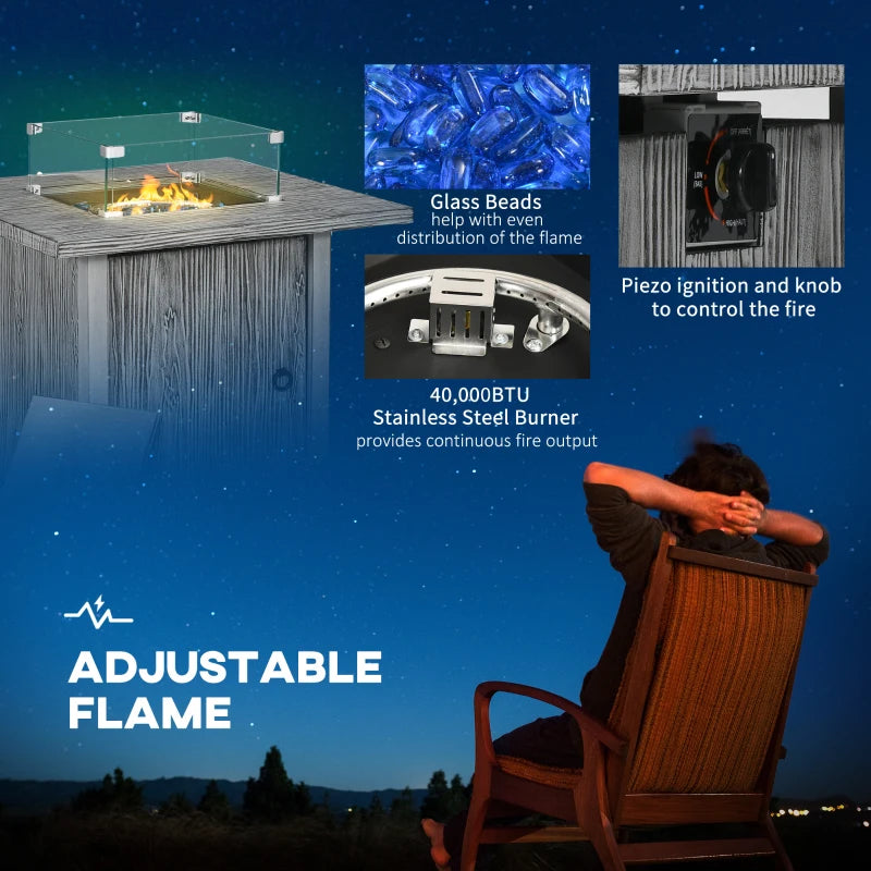 Outsunny 71cm 50,000 BTU Gas Fire Pit Table with Cover and Glass Screen - Grey