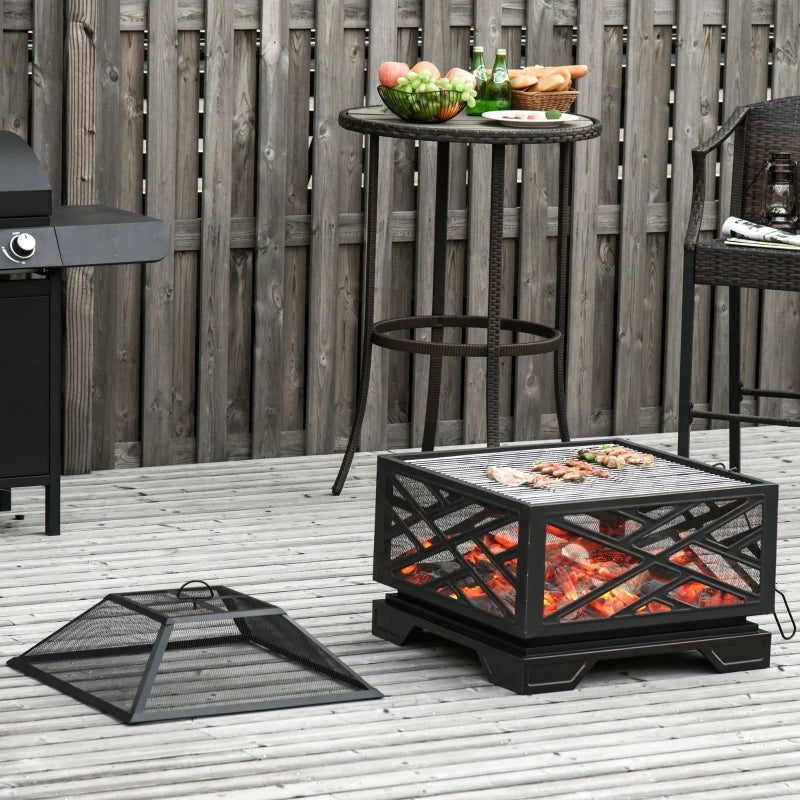 Outsunny Metal Firepit Outdoor 2 in 1 Square Fire Pit Brazier w/ Grill Shelf, Lid, Camping, BBQ, Bonfire, Wood Burning Stove, Black