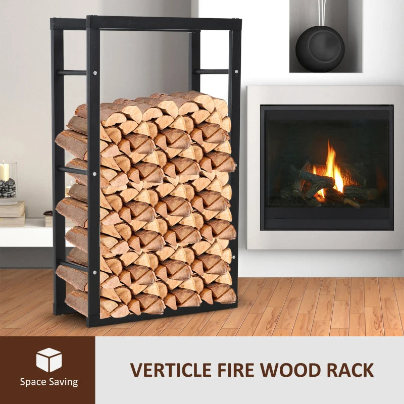 HOMCOM Metal Firewood Log Holder Tall Firewood Rack Indoor Outdoor Fireplace Wood Storage Shelf with Side Rails, Rust-Resistant, Black, 60W x 25D x 100H cm