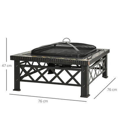 Outsunny Large Outdoor Fire Pit Table, 3 in 1 Square Wood Burning Firepit Metal Brazier, BBQ Grill, Ice Bucket w/ Grill Grate, Log Grate, Lid, Poker for Garden, Camping, Black