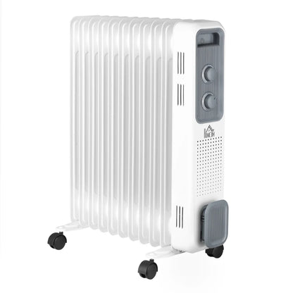 HOMCOM 2500W Oil Filled Radiator, 11 Fin, Portable Electric Heater with 3 Heat Settings, Safety Cut-Off and Wheels, White