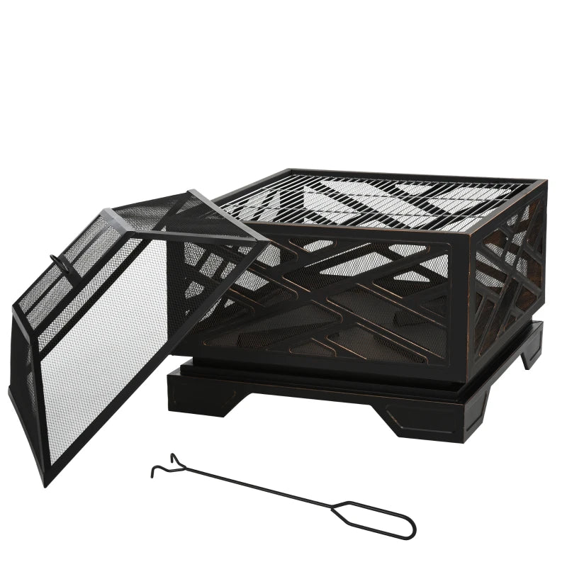 Outsunny Metal Firepit Outdoor 2 in 1 Square Fire Pit Brazier w/ Grill Shelf, Lid, Camping, BBQ, Bonfire, Wood Burning Stove, Black