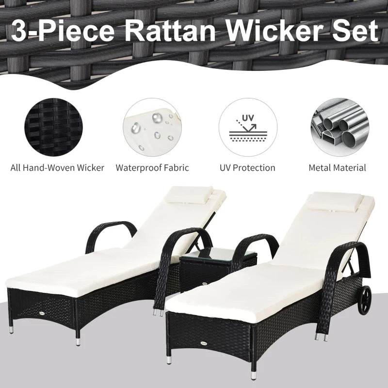 Outsunny 2 Seater Rattan Sun Lounger Set with Side Table