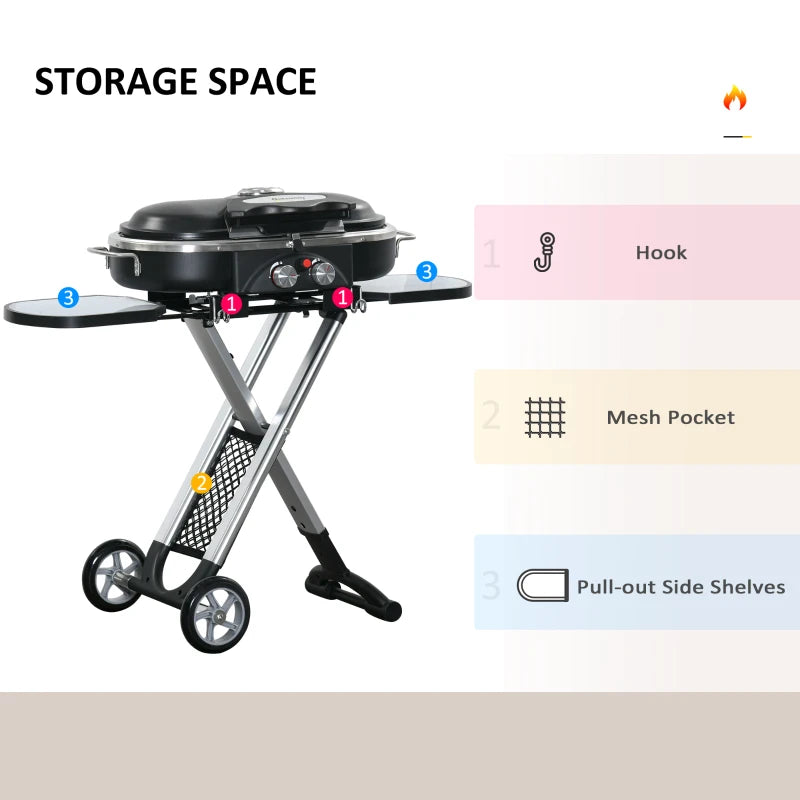 Outsunny Foldable Gas BBQ Grill 2 Burner Garden Barbecue Trolley w/ Lid Side Shelves Storage Pocket Piezo Ignition Thermometer, Aluminium Alloy