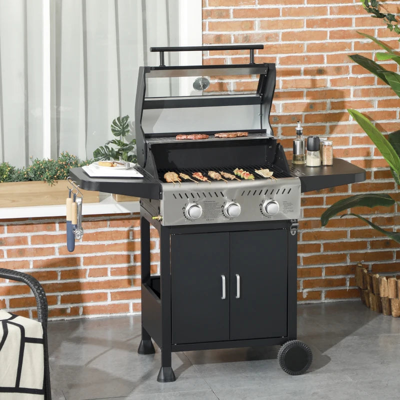 Outsunny 9kW Three-Burner Gas BBQ Grill, with See-Through Lid - Black