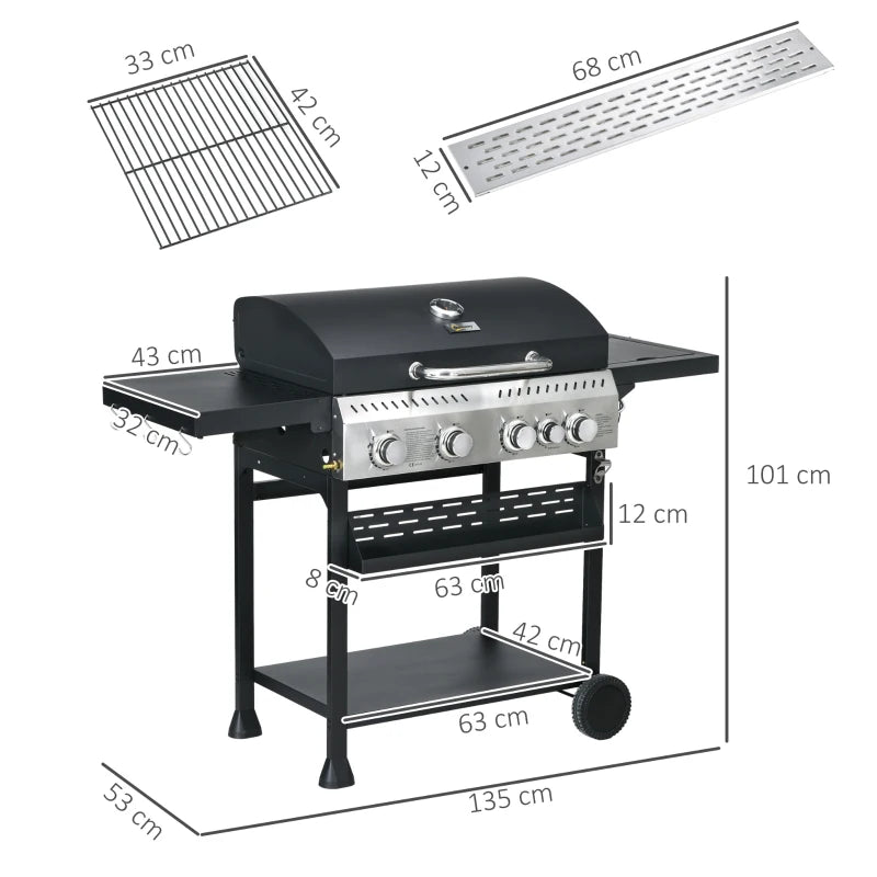 Outsunny Five-Burner Steel Gas Grill, with Thermometer - Black