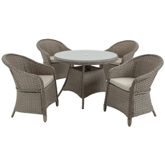 Outsunny 5 Pieces Luxury PE Rattan Dining Sets with Cushion, Outdoor Round Wicker Garden Furniture with 4 Armchairs & Glass Top Table w/ Umbrella Hole, Mixed Grey