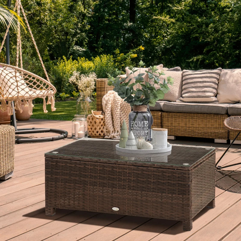 Outsunny PE Rattan Garden Coffee Table with Glass Table Top