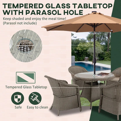 Outsunny 5 Pieces Luxury PE Rattan Dining Sets with Cushion, Outdoor Round Wicker Garden Furniture with 4 Armchairs & Glass Top Table w/ Umbrella Hole, Mixed Grey