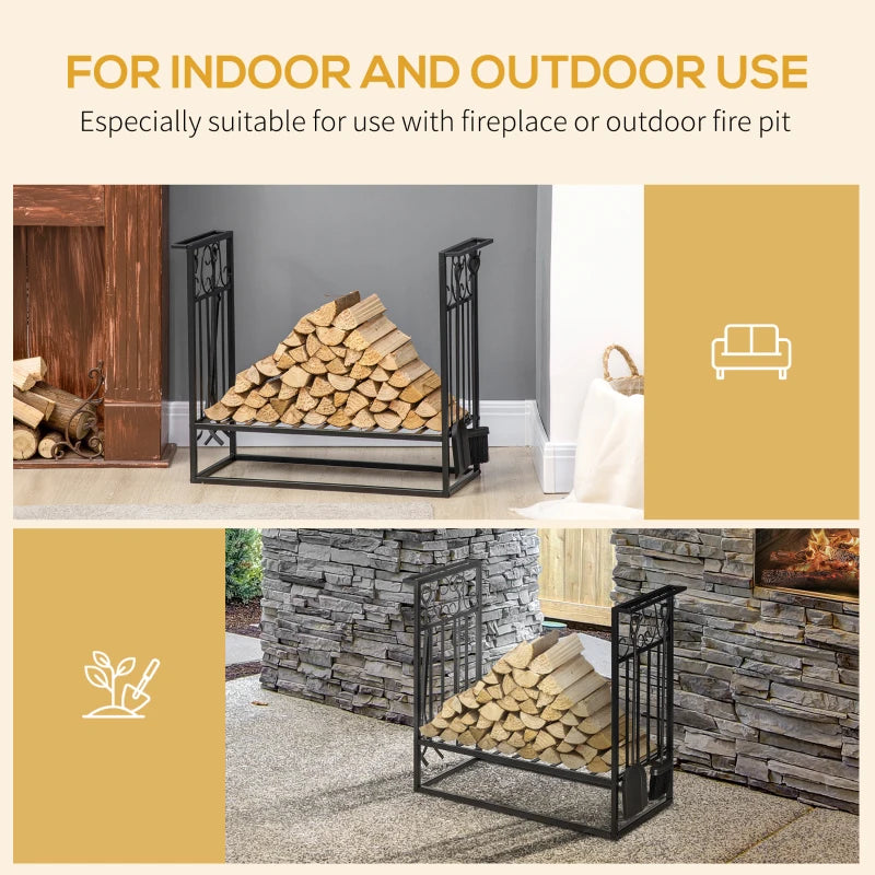 HOMCOM Steel Firewood Log Holder Indoor Outdoor Firewood Rack Fireplace Wood Storage Shelf with 4 Tools, Hooks, Scrolls, Rust-Resistant, Black, 75L x 30W x 60H cm