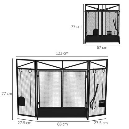 HOMCOM 3 Panel Folding Fire Guard Screen with Fireplace Tool Sets and Front Doors, Freestanding Fire Screen Spark Guard with Feet for Open Fire, Log Burner, Fireplace, 122 x77 cm, Black