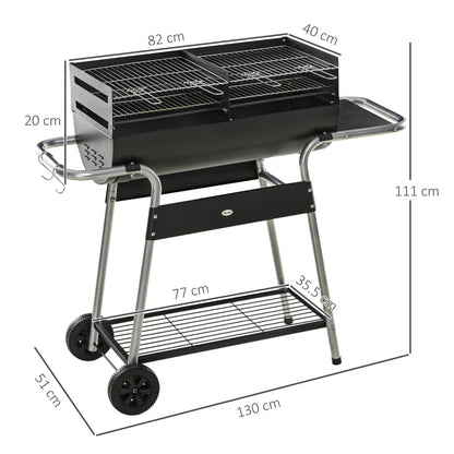 Outsunny Charcoal Barbecue Grill BBQ Trolley with Double Grill, Side Table, Storage Shelf, and Wheels for Outdoor Cooking, 130 x 51 x 111cm, Black