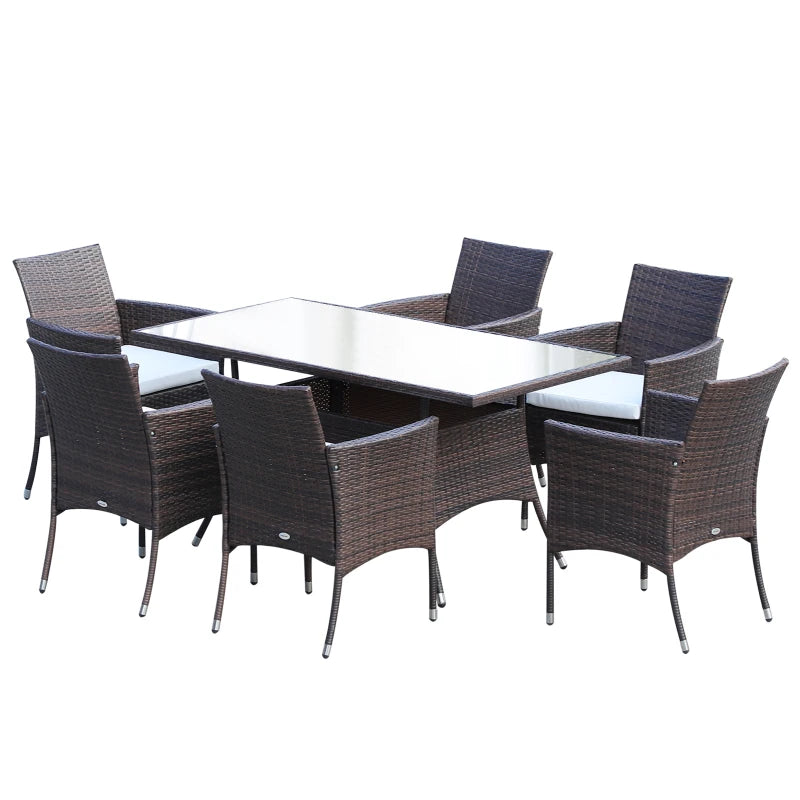 Outsunny 7 Pieces Outdoor PE Rattan Garden Dining Set, Patio Conversation Furniture Set with 6 Cushioned Armchairs and Rectangular Glass Top Table