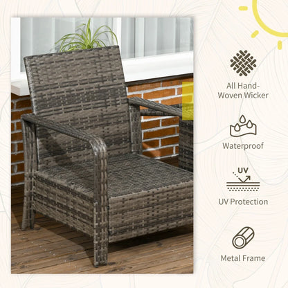 Outsunny 3 pcs PE Rattan Wicker Garden Furniture Patio Bistro Set Weave Conservatory Sofa Storage Table and Chairs Set Grey