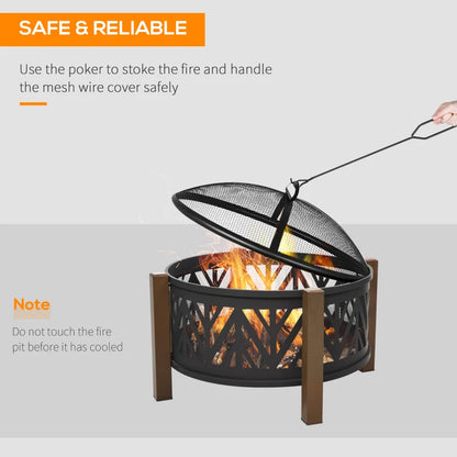 Outsunny Metal Large Firepit Bowl Outdoor 2-In-1 Round Fire Pit Brazier w/ Lid, BBQ Grill, Poker for Backyard, Camping, Bonfire, Wood Burning Stove, 78 x 78 x 60cm, Black