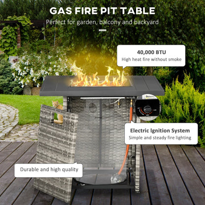 Outsunny Outdoor PE Rattan Gas Fire Pit Table, Patio Square Propane Heater with Rain Cover, Mesh Lid and Lava Stone, 40,000 BTU, Mixed Grey