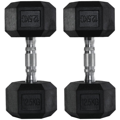 HOMCOM 2x12.5kg Rubber Hex Dumbbell Portable Hand Weights Dumbbell Home Gym Workout Fitness Hand Dumbbell