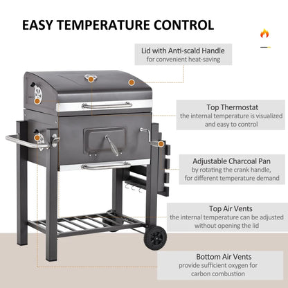 Outsunny Charcoal Grill BBQ Trolley with Adjustable Charcoal Grate, Garden Metal Smoker Barbecue with Shelf, Side Table, Wheels, Built-in Thermometer