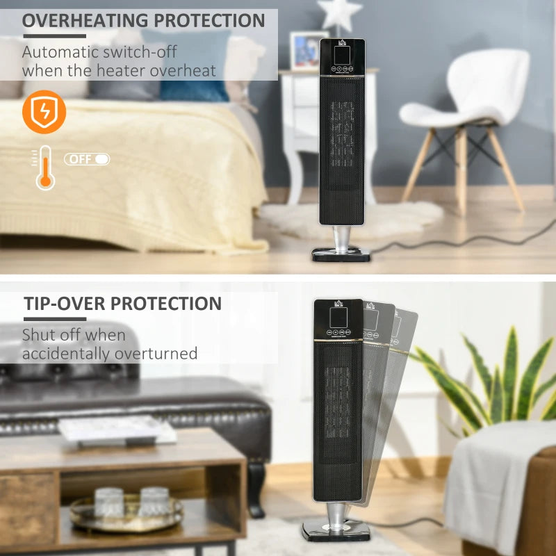 HOMCOM 31 Inch Space Heater, 1000W/2000W Ceramic Electric Heater and Fan, Overheating & Tip-Over Protection, 8H Timer, 60° Oscillation, Portable Heater for Home