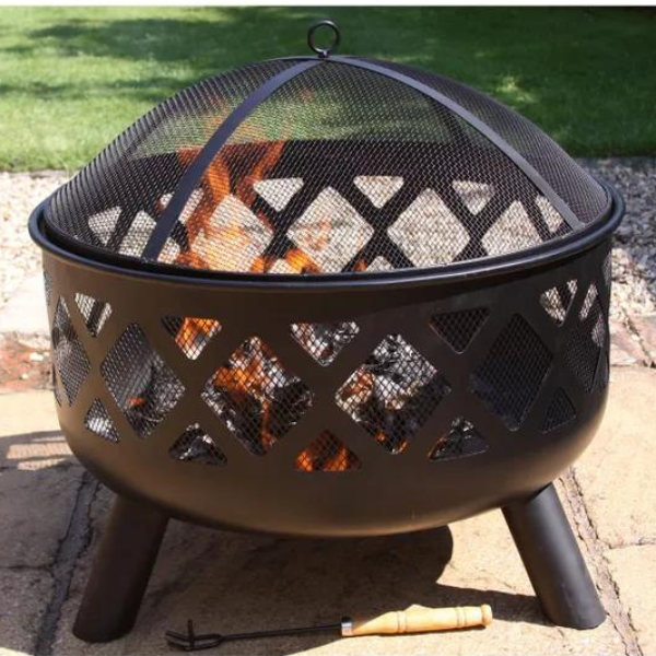 Gardeco Deep-drawn fire bowl with criss cross cut-out view of fire - D&ROutdoorOasis