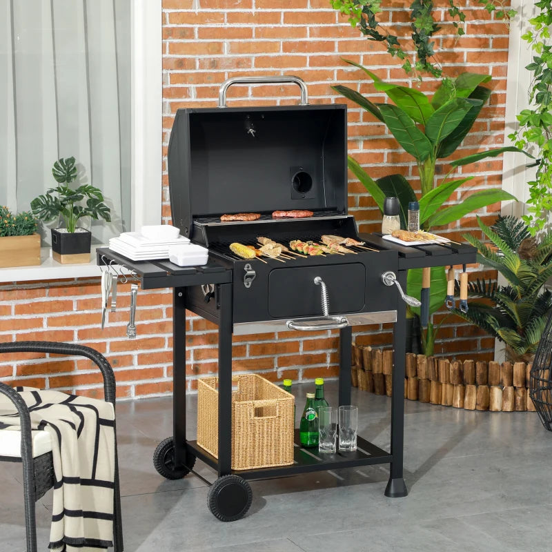 Outsunny Outdoor Portable Charcoal BBQ Wide 120cm, with Pull-out Ash Catcher Side Hooks & Bottle Opener, Side & Bottom Shelves