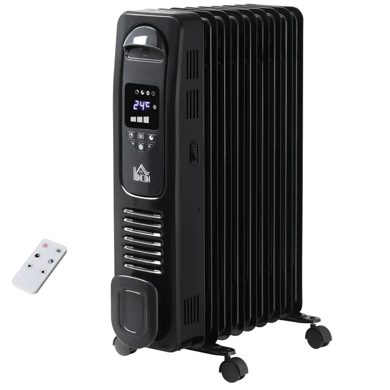 HOMCOM 2000W Digital Oil Filled Radiator, 9 Fin, Portable Electric Heater with LED Display, Timer, 3 Heat Settings, Safety Cut-Off and Remote Control, Black