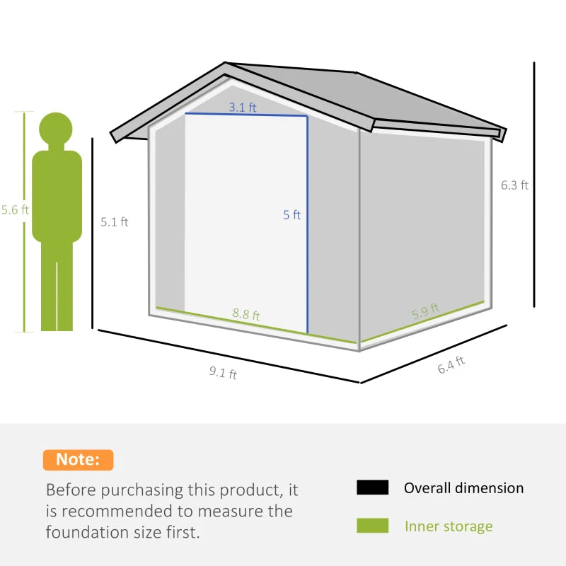 Outsunny 9x6ft Metal Garden Shed, Outdoor Storage Tool House with Ventilation Slots, Foundation Kit, Lockable Double Doors