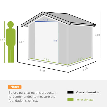 Outsunny 9x6ft Metal Garden Shed, Outdoor Storage Tool House with Ventilation Slots, Foundation Kit, Lockable Double Doors