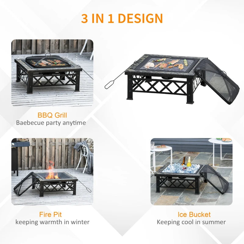 Outsunny Large Outdoor Fire Pit Table, 3 in 1 Square Wood Burning Firepit Metal Brazier, BBQ Grill, Ice Bucket w/ Grill Grate, Log Grate, Lid, Poker for Garden, Camping, Black