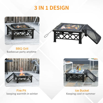 Outsunny Large Outdoor Fire Pit Table, 3 in 1 Square Wood Burning Firepit Metal Brazier, BBQ Grill, Ice Bucket w/ Grill Grate, Log Grate, Lid, Poker for Garden, Camping, Black