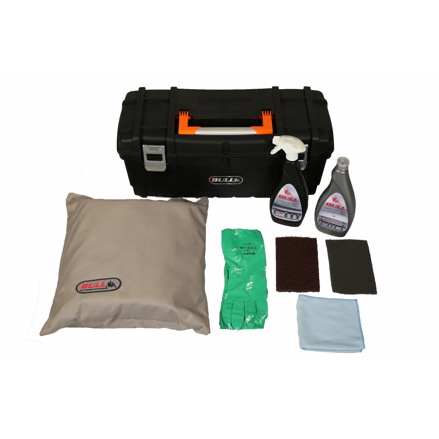 BULL Care & Maintenance Box includes Degreaser, Polish, Gloves, Amery Cloth, Scrubs, Micro Fibre Cloth