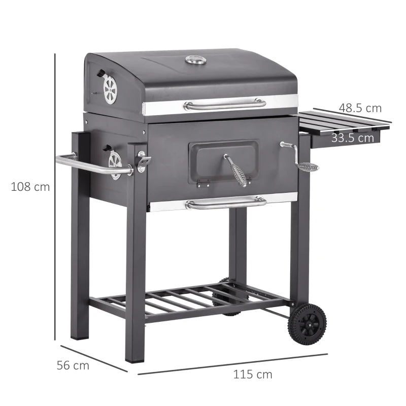 Outsunny Charcoal Grill BBQ Trolley with Adjustable Charcoal Grate, Garden Metal Smoker Barbecue with Shelf, Side Table, Wheels, Built-in Thermometer