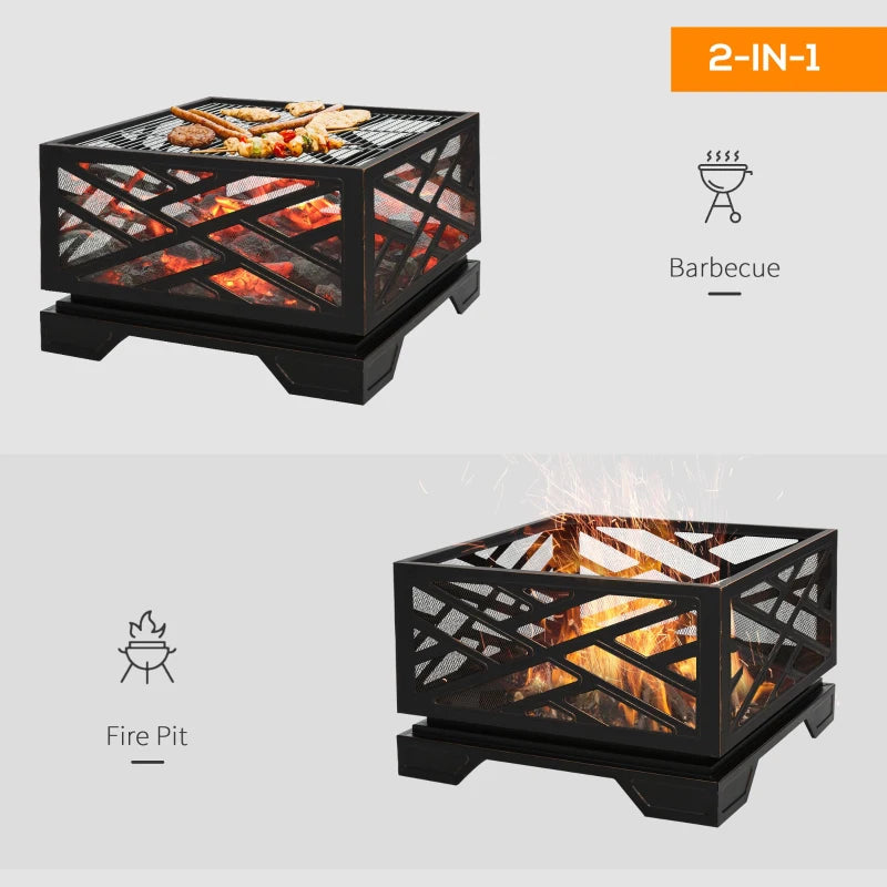 Outsunny Metal Firepit Outdoor 2 in 1 Square Fire Pit Brazier w/ Grill Shelf, Lid, Camping, BBQ, Bonfire, Wood Burning Stove, Black