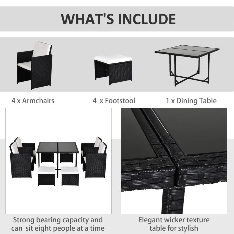 Outsunny 9 Pieces PE Rattan Cube Garden Furniture Set with Cushions, Outdoor Dining Table Set with 4 Armchair, 4 Stool, and Square Glass Top Table